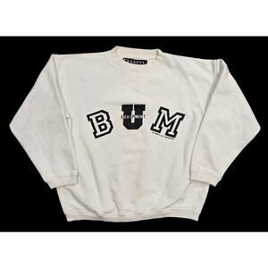 Vtg B.U.M. Equipment Pullover Sweatshirt 90s FLAWED White Black Crewneck Medium